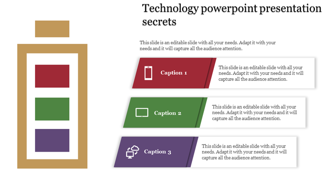 Technology themed PowerPoint slide with a battery symbol and icons for mobile, tablet, and cloud with placeholder text.
