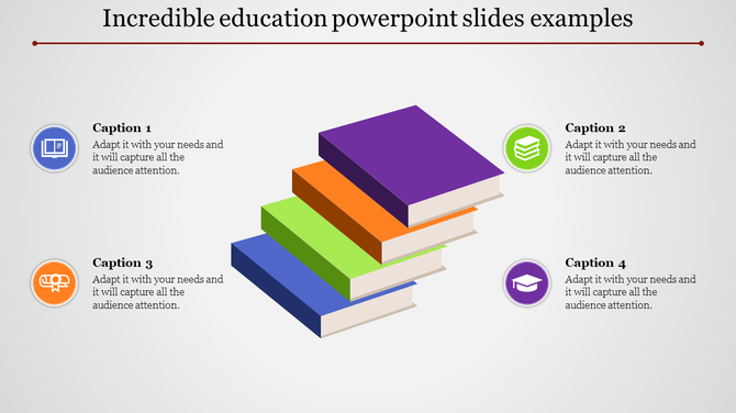Stack of colorful books in purple, orange, green, and blue surrounded by captions with icons for education themes.