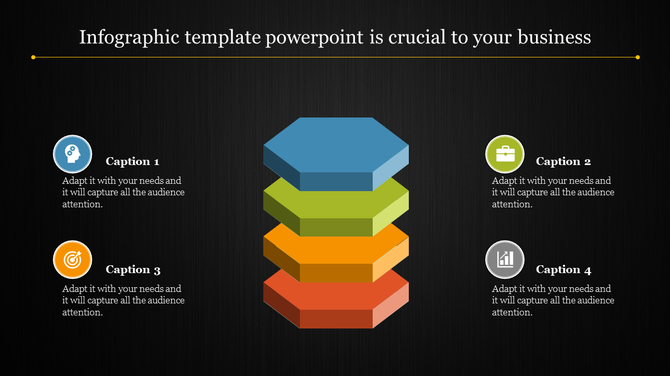 Infographic with four stacked hexagonal layers and matching captions featuring circular icons on a black background.