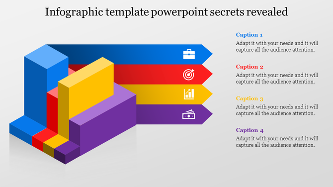 3D bar chart infographic with blue, red, yellow, and purple bars pointing right, paired with captions and icons.