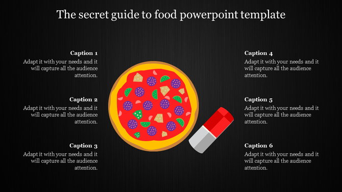 Infographic with a pizza and a red pencil eraser, by six caption placeholders text areas for customization.