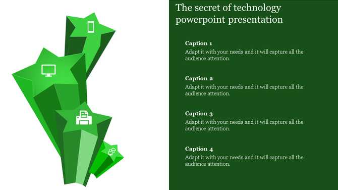 Green star shaped infographic with technology icons on the left and four captions on a dark green background on the right.