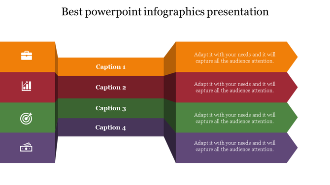 Infographic slide with four color-coded arrows, each containing icons like a briefcase, chart, target, and cassette tape,