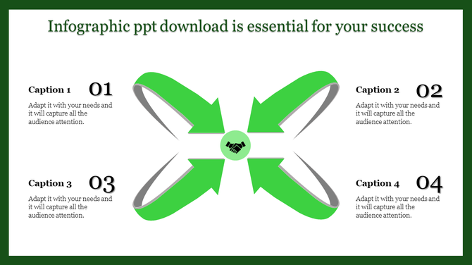 Infographic PowerPoint template with four caption options around a central handshake icon and green arrows.