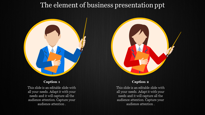 Business PowerPoint template with two presenters, one male and one female, holding pointers with captions on a dark backdrop.