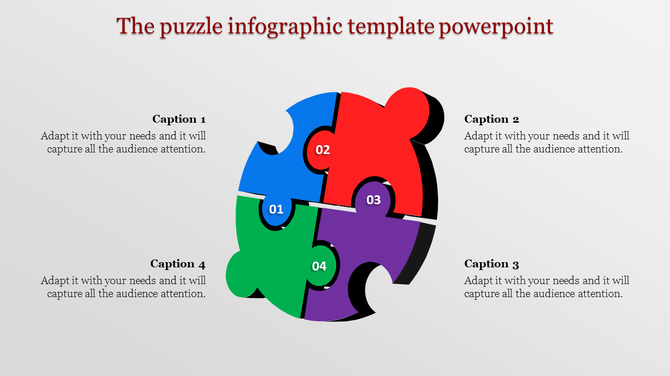 Puzzle shaped infographic with blue, red, purple, and green sections, each labeled with number and captions.