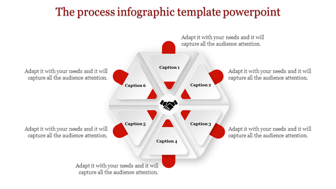 Infographic PPT slide featuring a hexagonal process diagram with six sections and a handshake in the center with captions.