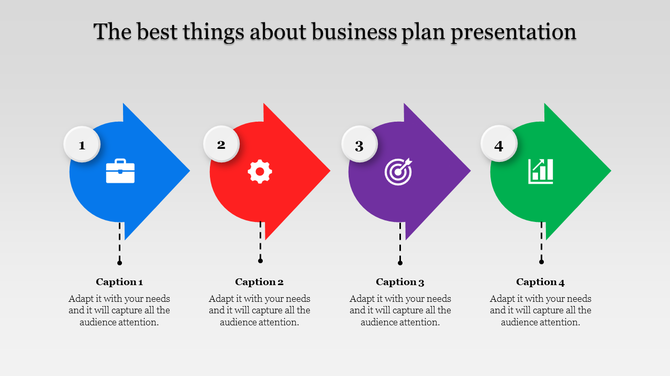 Infographic business plan slide featuring four arrows with different icons and numbered captions.