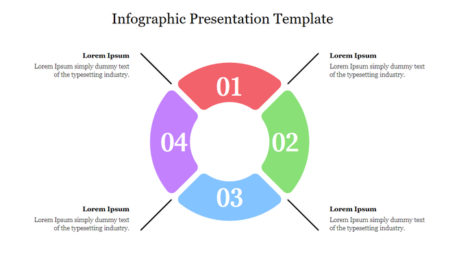 Infographic presentation template with four colorful circular segments, each labeled 01, 02, 03, and 04, and dummy text.
