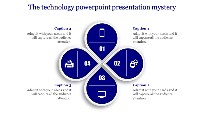 Technology PowerPoint template showing four connected circles with blue icons and captions.