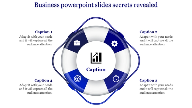 Business PowerPoint slide with a lifebuoy design and blue icons with captions.