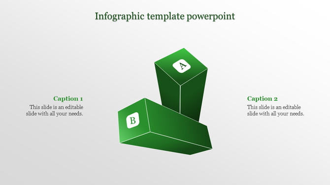 Infographic with green isometric blocks labeled A and B, positioned diagonally, and captions on each side.
