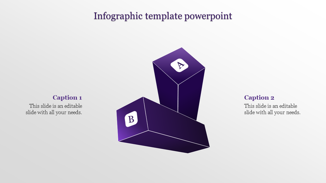 Infographic with purple isometric blocks labeled A and B, positioned diagonally, and captions on each side.