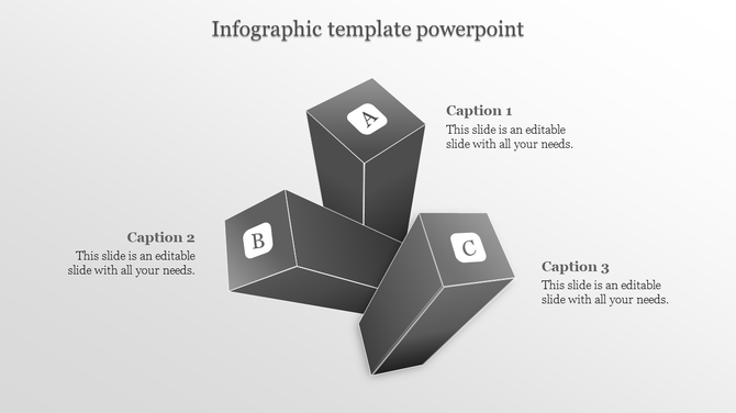 Three step gray infographic featuring 3D blocks with labels A, B, and C, and captions positioned around them.