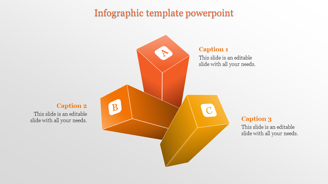 Infographic template with three orange 3D blocks labeled A, B, and C, each with a caption on a light background.