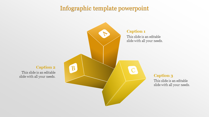 3D infographic template in gold hues showing blocks labeled A, B, and C, with descriptive captions surrounding the layout.