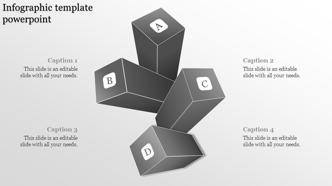 Monochrome infographic featuring four 3D blocks, labeled A to D, with captions surrounding the blocks.