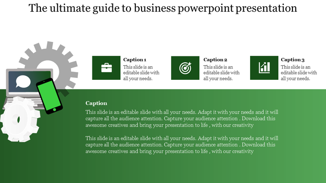 Slide with a green background,  featuring white gears, a smartphone, and three squares featuring business related icons.