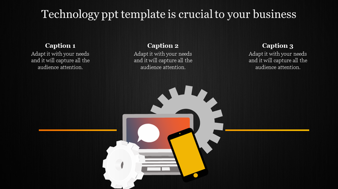 Technology themed PowerPoint template with a laptop, phone, and gears with three captions on a dark backdrop.