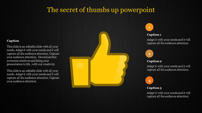 Yellow thumbs up icon on a black background with captions and numbered points in orange circles on the right.