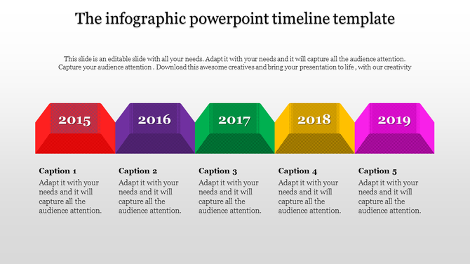 Timeline infographic PowerPoint slide featuring colored blocks representing different years from 2015 to 2019 with captions.