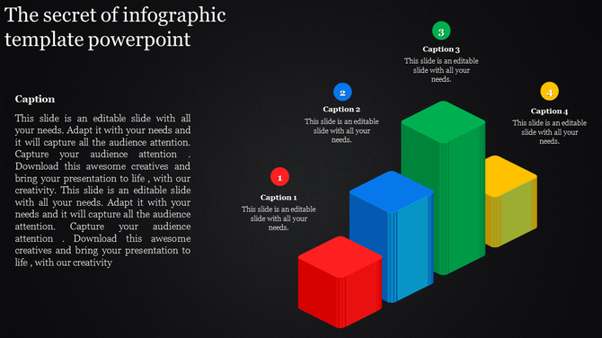 Infographic PowerPoint slide showing four colorful bars with varying heights and numbered captions with placeholder text.