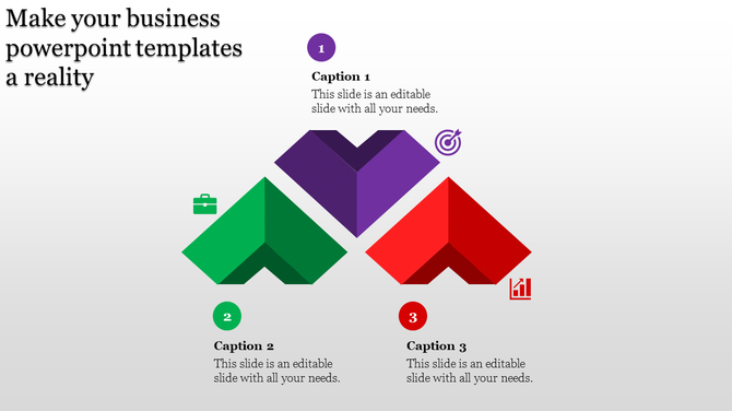 Business PPT slide featuring three colorful 3D triangular arrows with icons representing business, target, and growth.
