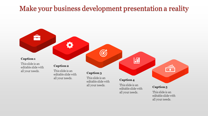 Business development slide with five red boxes, each featuring icons and captions for business tools and growth steps.