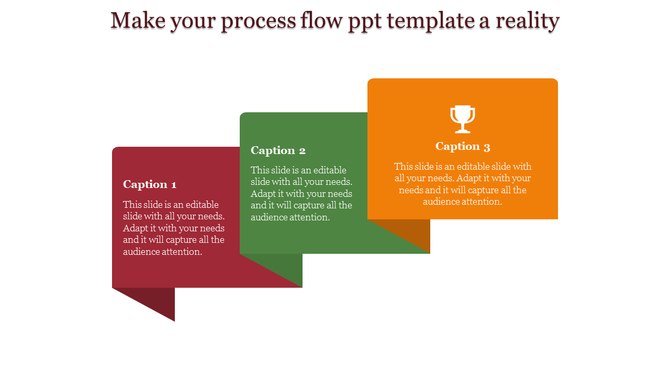 PowerPoint slide with red, green, and orange speech bubbles for process flow presentation.
