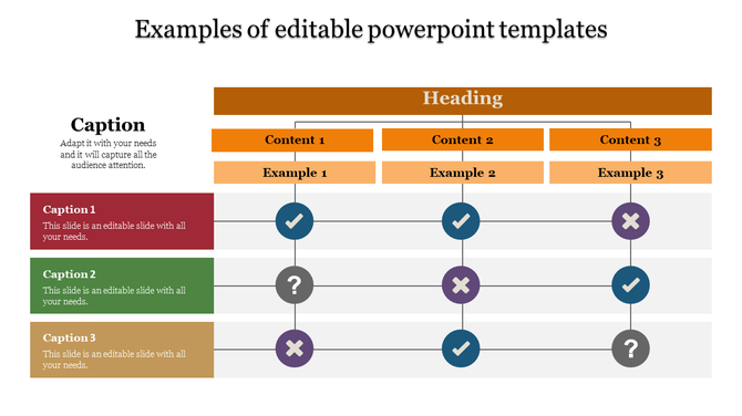 Chart with orange headers and rows containing captions and status indicators, such as checkmarks and crosses.
