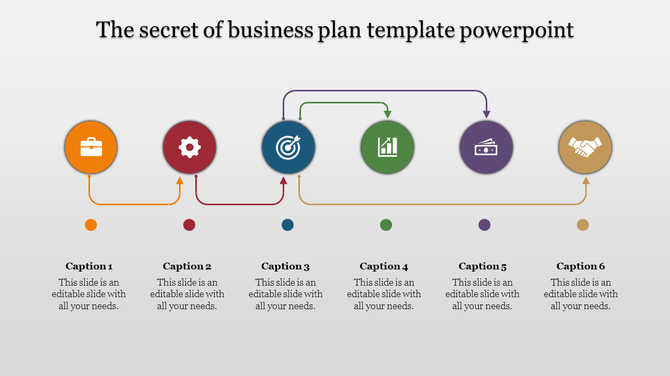 Business plan PowerPoint template featuring colorful icons with captions and placeholder text.