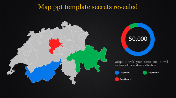 Gray map with red, green, and blue highlighted regions and a circular chart in matching colors on a black background.