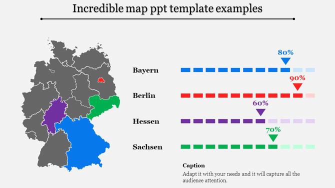 Map PPT slide featuring a color coded map of Germany with percentage indicators for Bayern, Berlin, Hessen, and Sachsen.