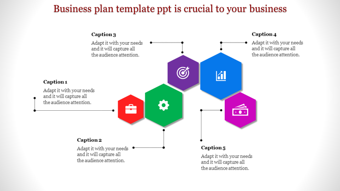 Hexagonal infographic with five colorful icons connected by dotted lines representing business elements.
