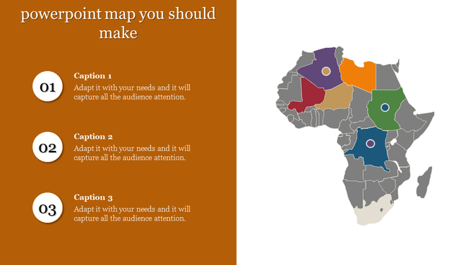 Africa map PowerPoint slide with colored regions and numbered sections for captions.