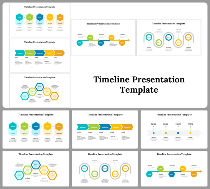 Collection of timeline templates with various shapes such as arrows, circles, and hexagons showcasing sequential steps.
