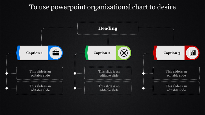 Dark-themed organizational chart with three nodes under a central heading, featuring placeholders for text descriptions.