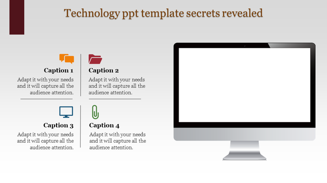 Technology PowerPoint template featuring a computer with four captions and related icons.