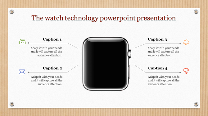 Technology PPT slide featuring a smartwatch in the center, with four sections labeled with icons for each caption and text.
