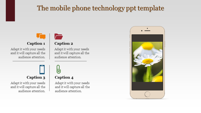 Technology PPT slide featuring a mobile phone with a flower image, accompanied by four caption sections with various icons.