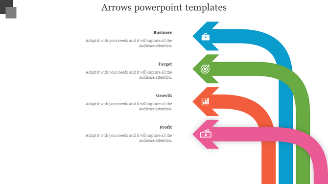 PowerPoint template with colorful arrows pointing in different directions, labeled for business, target, growth, and profit.