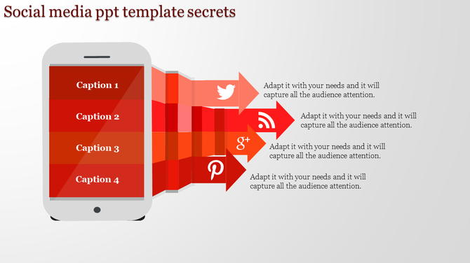 Social media PowerPoint template with a red phone and arrows pointing to various social platforms with placeholder text.