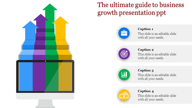 Illustration of colorful upward arrows on a monitor in blue, purple, green, and yellow, with matching captions on the right.