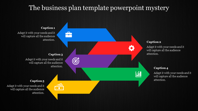 Colorful five step business plan template with icons and captions with placeholder text.