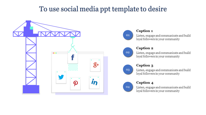Social media PPT slide with icons for Facebook, Twitter, Pinterest, Google+, and LinkedIn, symbolizing building a community.