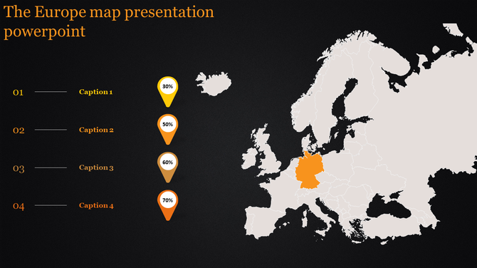 PowerPoint template showing Europe map with highlighted regions and percentage progress indicators on a dark background.
