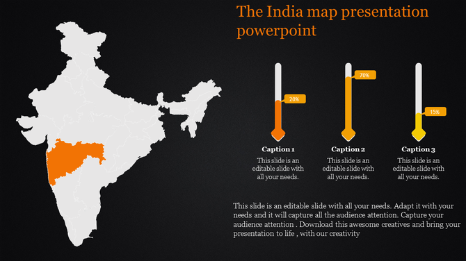 India map with highlighted state in orange paired with three vertical progress bars with captions, on a dark background.