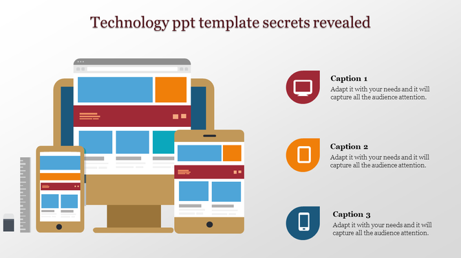 Technology PowerPoint template featuring a desktop, tablet, and smartphone with colorful website layouts on their screens.