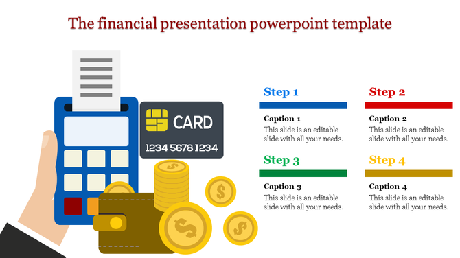 Financial presentation template featuring a hand holding a credit card, a calculator, and stacks of coins with captions.