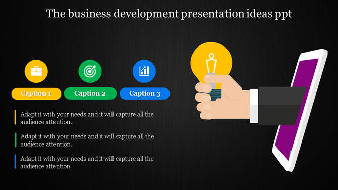 Hand holding a yellow bulb emerging from a tablet, with three business icons and captions on a black background.